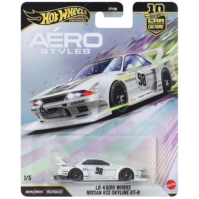 Hot Wheels Aero Styles LB Kaido Works Nissan R32 Skyline GT-R Car Culture 1:64 Scale Die-Cast Car 1/5 (White)